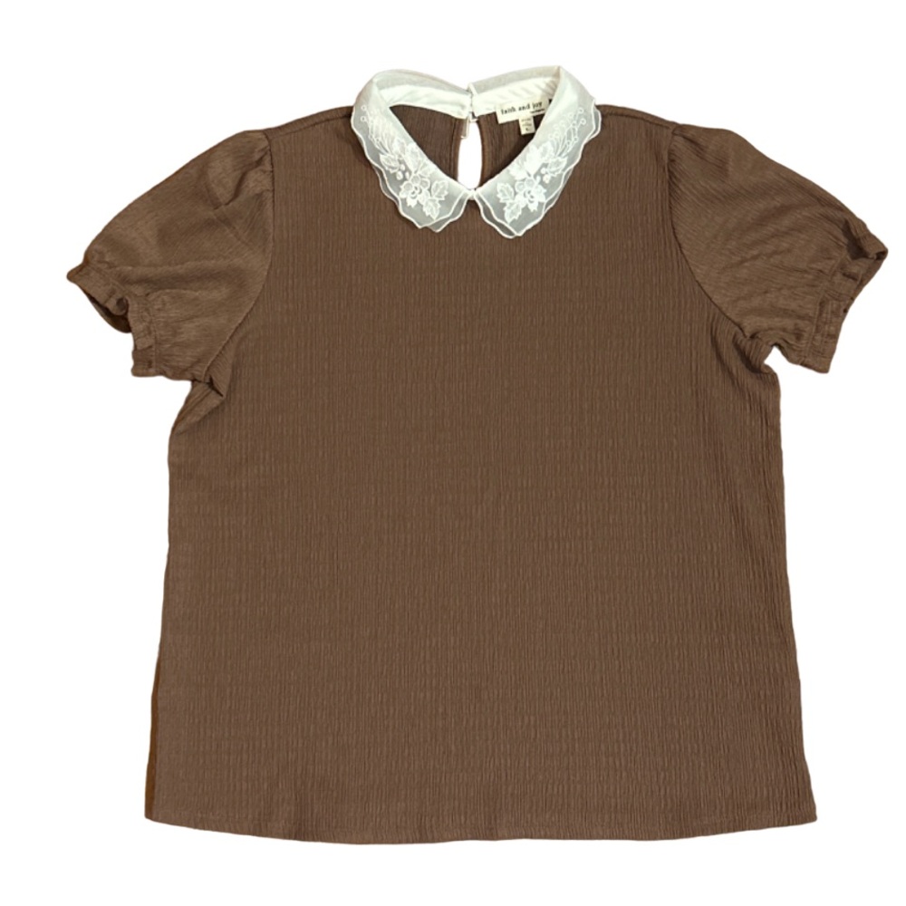 Faith and Joy Embroidered Collar Brown Shirt - Size L